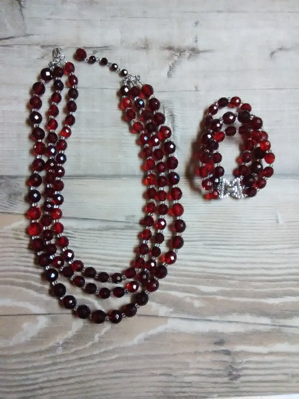Vintage red glass bead necklace and bracelet set - 3 strands each piece